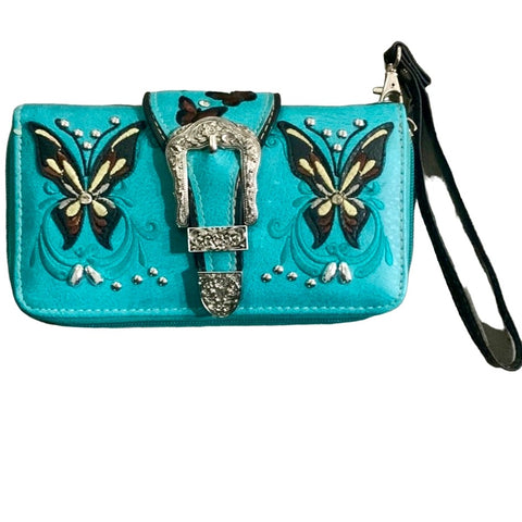 Butterfly Embroidered Buckle Wallet Womens Turquoise Western Studded Pre Loved