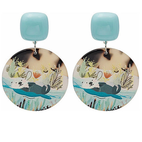 New Womens Boho Korean Designed Oil Painted Otter Acrylic Disc Dangle Earring