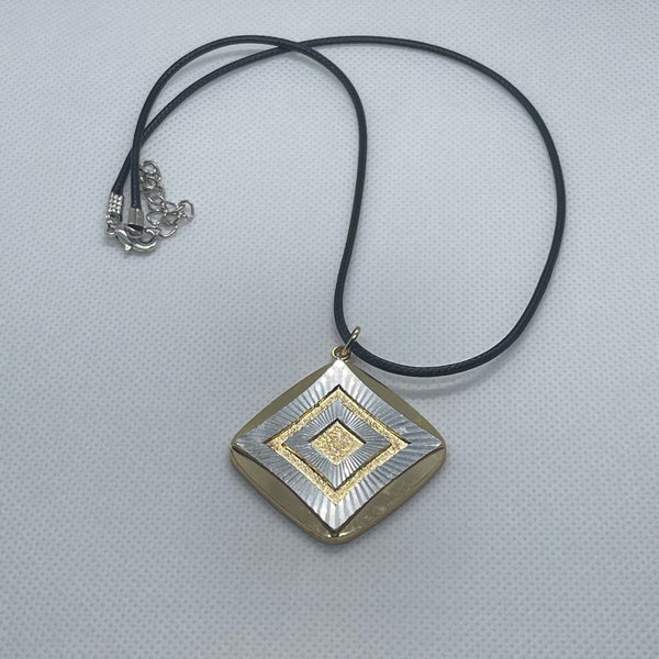 Vintage 1.25” Diamond Shaped Pendant German Gold & Silver Womens 16” Necklace