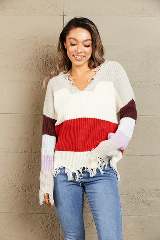 Woven Right Color Block Distressed V-Neck Ribbed Sweater