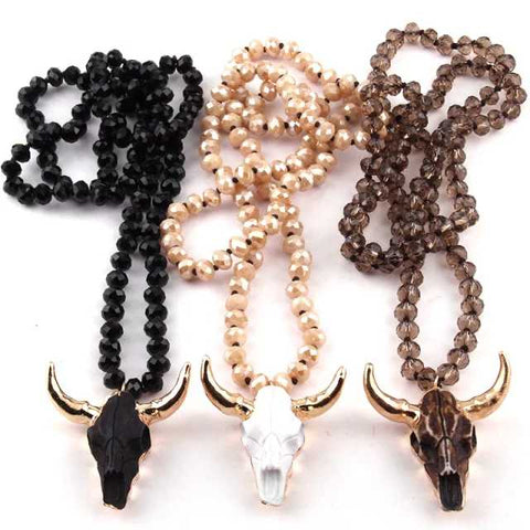 Stone Longhorn Cow Skull 30in Beaded Necklace