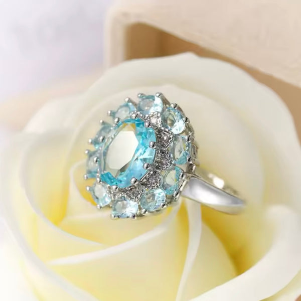 Stunning Round Aquamarine Zircon Sterling Silver Statement Ring Multi Stone New