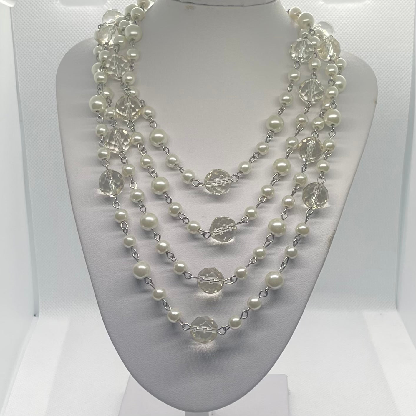 Vintage Crystal & Faux Pearl Long Single Strand Necklace Signed By Jewel Kade