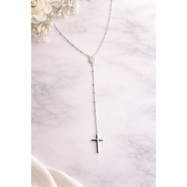 Sterling Silver Rosary Necklace Lariat Style Miraculous Medal & Cross Pendant