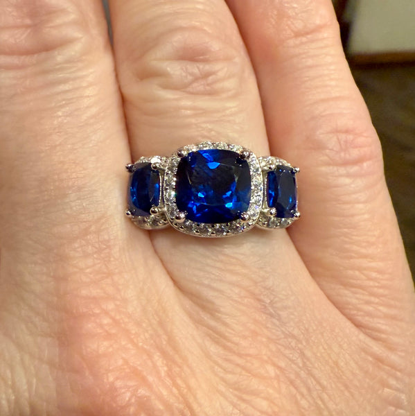Stunning Sterling Silver Blue Sapphire Three Stone Halo CZ Ring Size 6 New