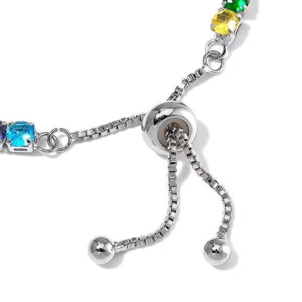 Simulated Multi Color Diamond Tennis Bracelet with Bolo Slider in Silvertone 6-9Inches
