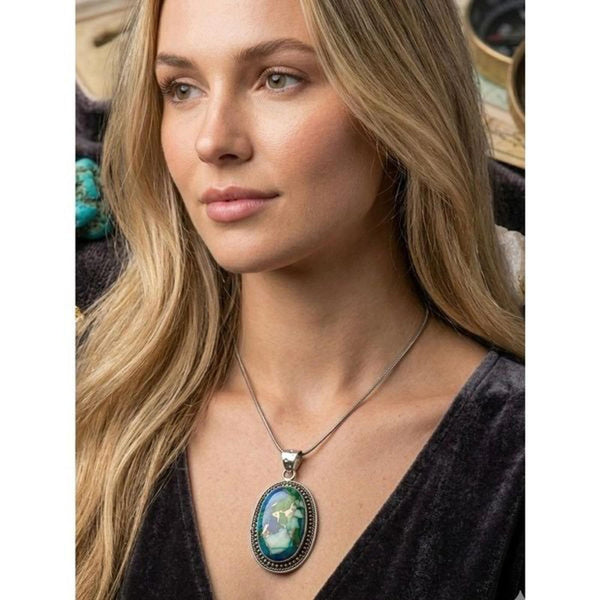 Southwestern Sterling Silver Peacock Dahlia Turquoise Oval Pendant Necklace New