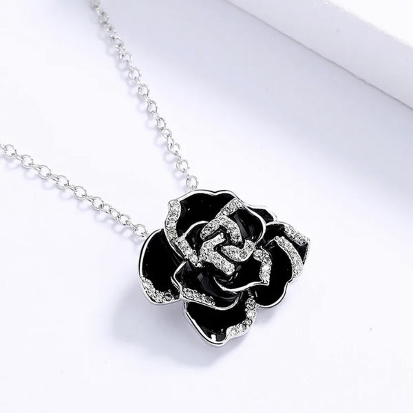 Sterling Silver Black Flower Enamel Drip Rhinestone Necklace Womens New