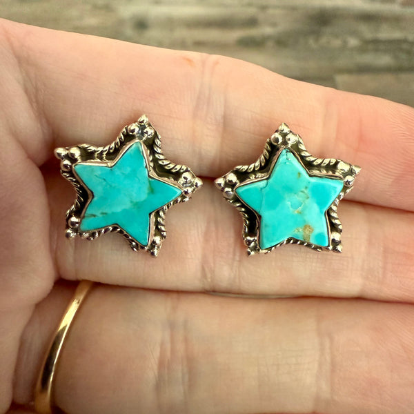 Southwestern Blue Turquoise Star Stud Earrings Unique Sterling Silver Framed New