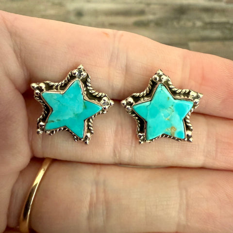 Southwestern Blue Turquoise Star Stud Earrings Unique Sterling Silver Framed New