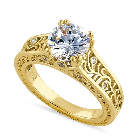 Gold Vermeil Vine Filigree Round Cut Clear CZ Solitaire Engagement Ring Size 6