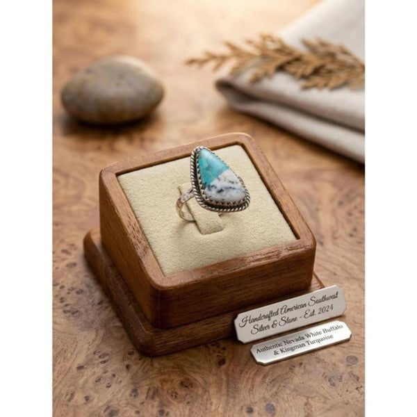 White Buffalo Kingman Turquoise Silver Ring Handcrafted Southwestern Size 9