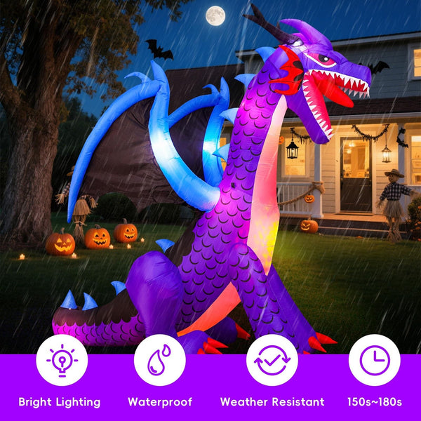 8FT Halloween Dragon Inflatable with LED Lights - Outdoor Yard Decor