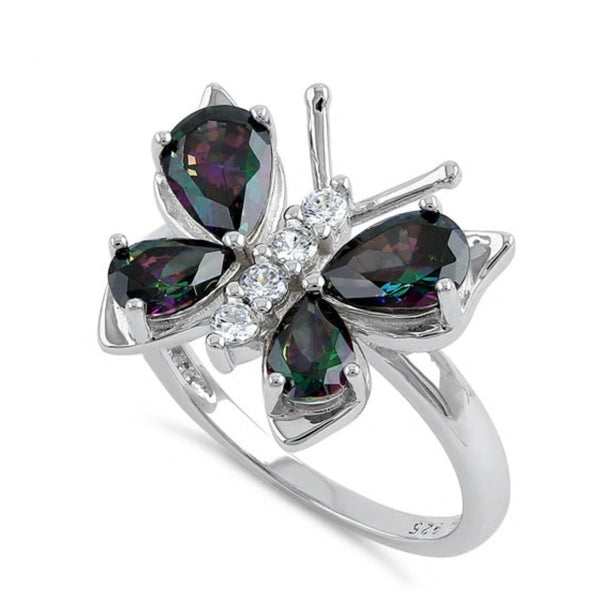 Sterling Silver Large Rainbow Mystic Topaz CZ Butterfly Ring New