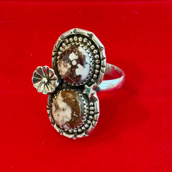 Wild Horse Turquoise Statement Ring Southwestern Double Stone Floral Framed