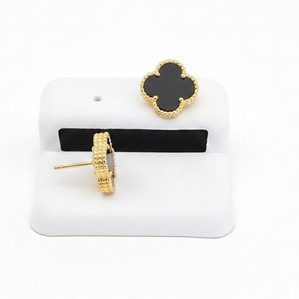 Black Onyx Clover Stud Earrings Gold Vermeil Beaded Trim Elegant Gift New