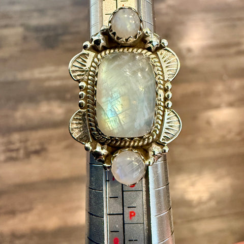 Unique 3 Round Rainbow Moonstone Ring Southwestern Sterling Silver Framed New