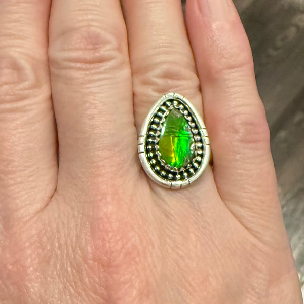 Southwest Rare Ammolite Sterling Silver Adjustable Ring Handmade New