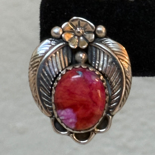 Southwestern Plum Spiny Oyster Turquoise Carved Floral Sterling Silver Earrings
