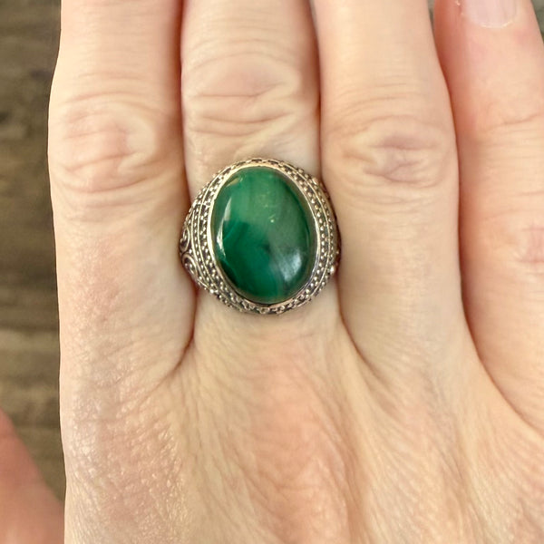 Natural Malachite Bali Style Ring 925 Sterling Silver Oval Cabochon Size 8 New