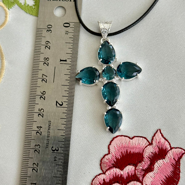 London Blue Topaz CZ Cross Necklace Pendant Large Faceted Teardrop New