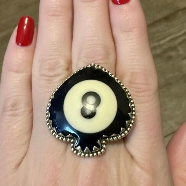 Unique Billiard Ball # 8 Statement Spade Ring Sterling Silver Boho Adjustable