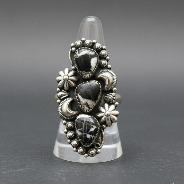 White Buffalo Turquoise Ring Sterling Silver 925 Triple Stone Moon Flower Size 6