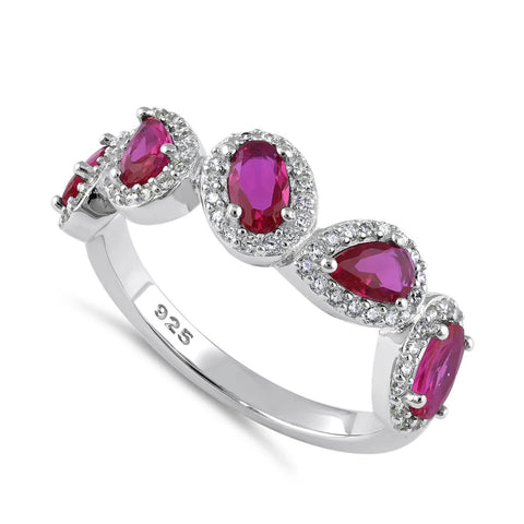 Sterling Silver Half Eternity Pear and Oval Halo Ruby and Clear CZ Ring New