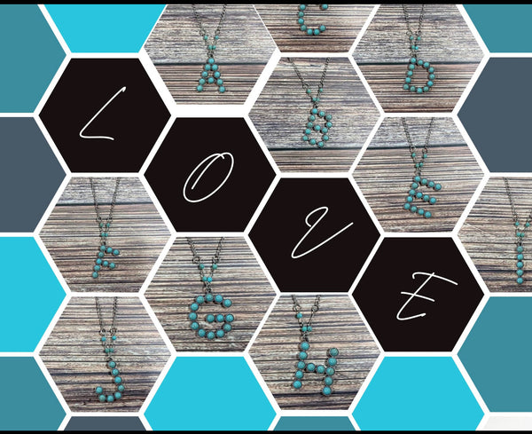 Western Boho Turquoise Initial Letter Pendant Chain Necklace