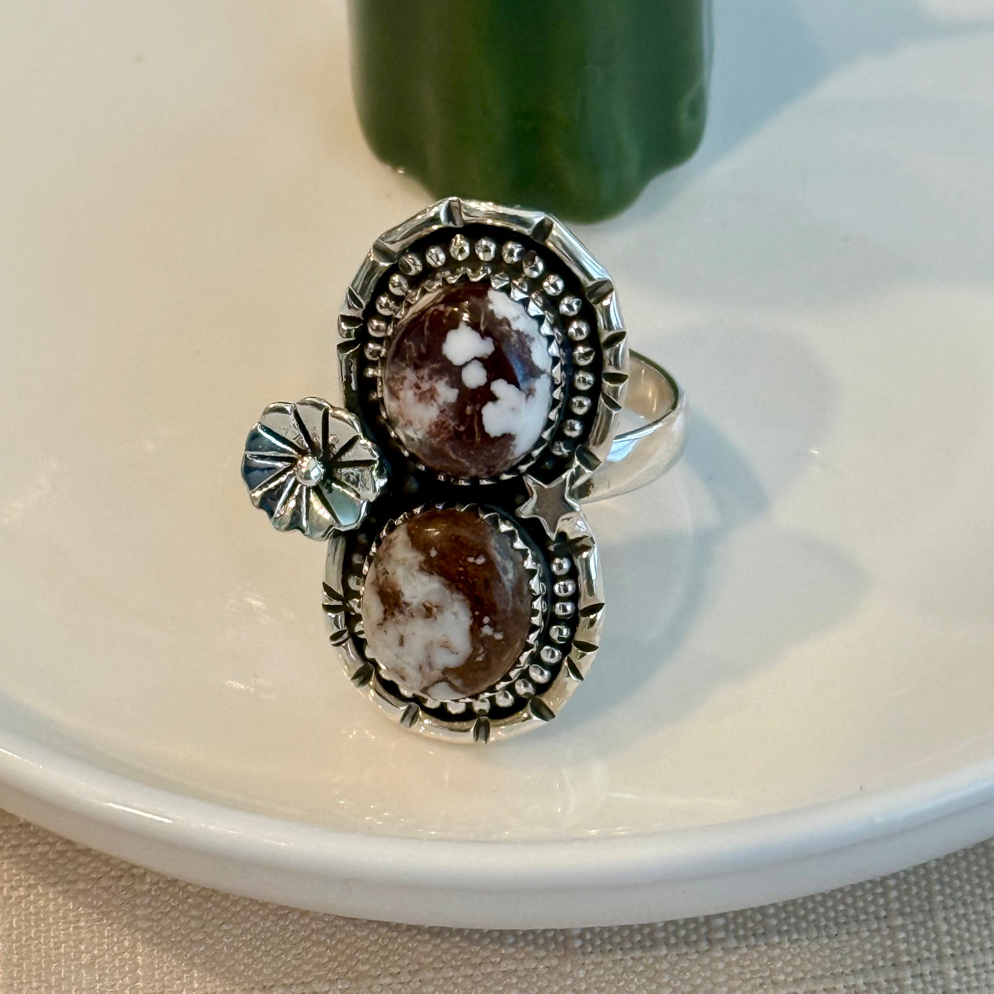 Wild Horse Turquoise Statement Ring Southwestern Double Stone Floral Framed