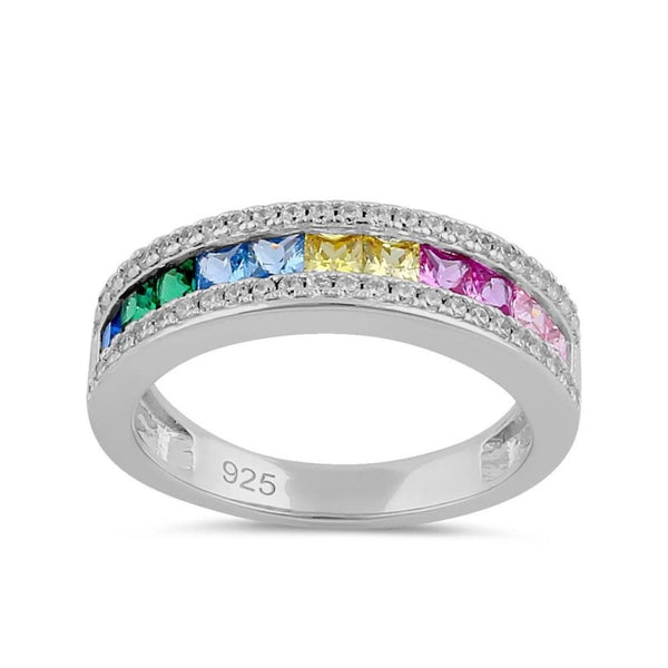 Sterling Silver Multicolor Rainbow CZ Band Ring