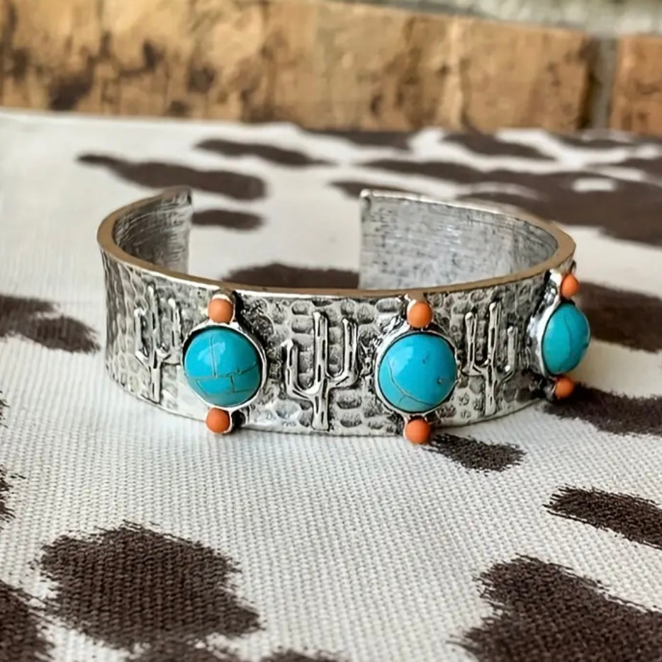 Desert Cactus Silver Bracelet Womens Casual Western Cuff New