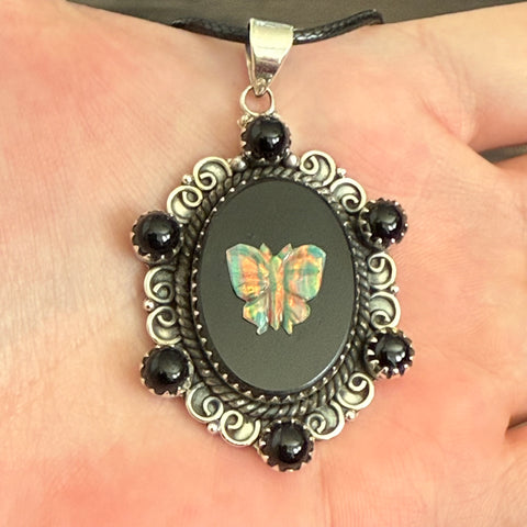 Southwestern Onyx And Opal Butterfly Cameo Oval Necklace Pendant Sterling Silver