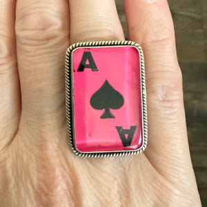 Unique Pink Ace Of Spades Statement Ring Western Sterling Silver Adjustable New