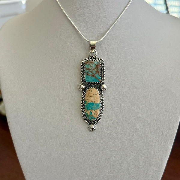 Southwestern Turquoise & Sea Sediment Jasper Stone Statement Necklace Pendant