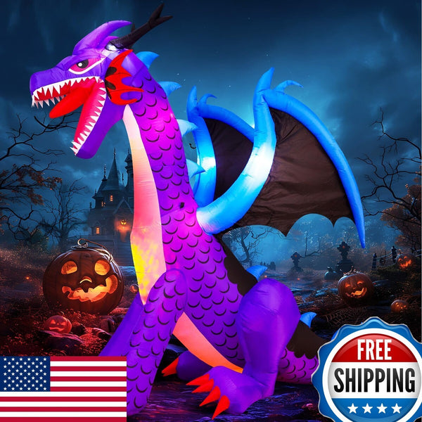 8FT Halloween Dragon Inflatable with LED Lights - Outdoor Yard Decor