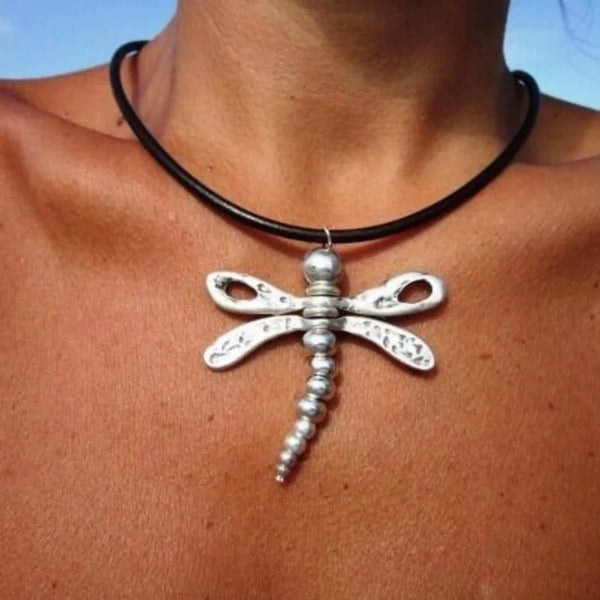 Dragonfly Style Metal Pendant Necklace for Women Fashion Boho Leather Choker New