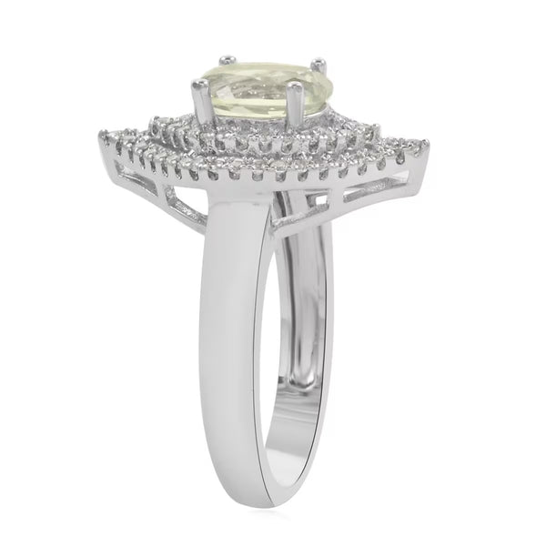 Simulated Prasiolite and Simulated Diamond 2.90 ctw Silver Ring Size 10 New