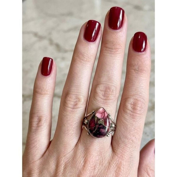 Southwestern Teardrop Red Rose Dahlia Turquoise Statement Ring Silver Size 6