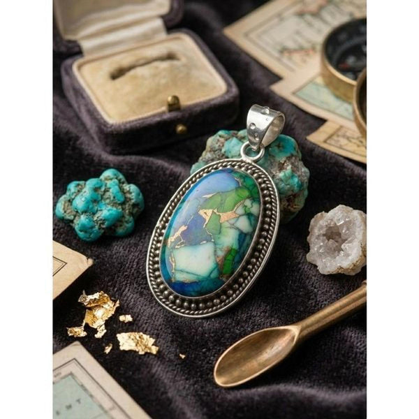 Southwestern Sterling Silver Peacock Dahlia Turquoise Oval Pendant Necklace New