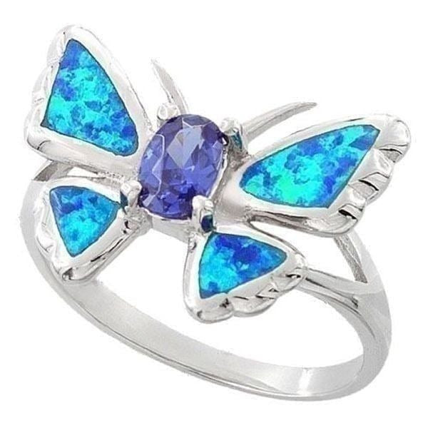 Sterling Silver Lab Opal Butterfly Tanzanite CZ Ring Size 6