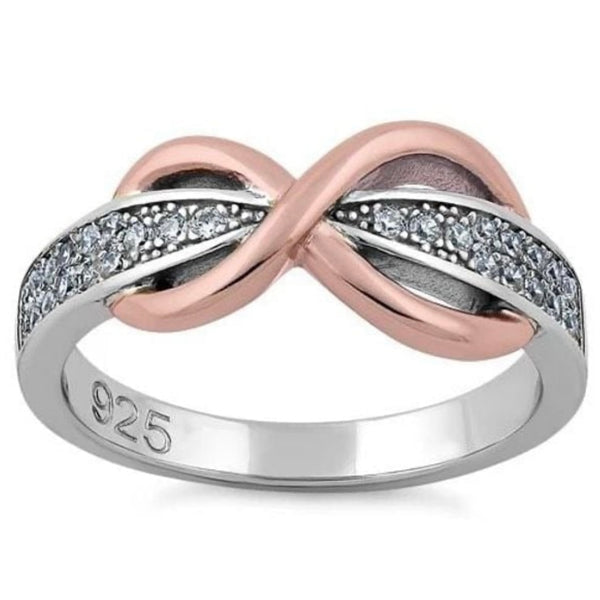 Sterling Silver Two-Tone Rose Gold Infinity Pave CZ Ring Womens Jewelry Size 6