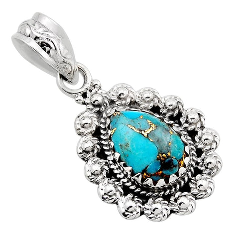 4.15cts Blue Copper Turquoise Pear Pendant Necklace Southwest Sterling Silver