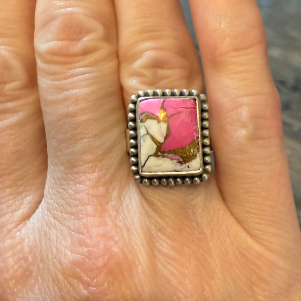 Unique Cotton Candy Turquoise Rectangular Ring Adjustable Sterling Silver Framed