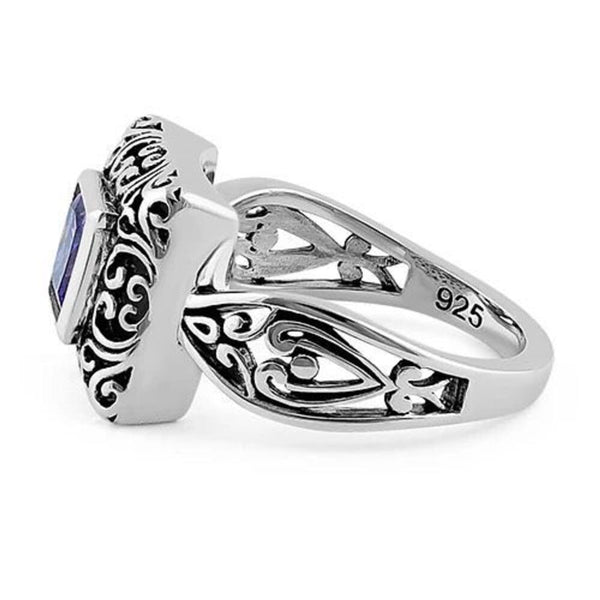 Sterling Silver Ornate Square Cut Amethyst CZ Ring Size 6