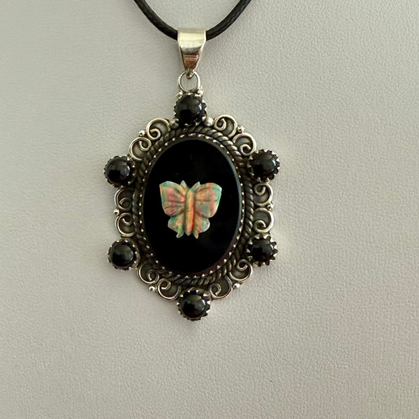 Southwestern Onyx And Opal Butterfly Cameo Oval Necklace Pendant Sterling Silver
