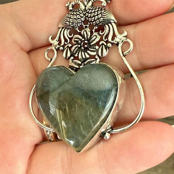Stunning Heart Labradorite Pendant Statement Necklace Unique Peacock Framed