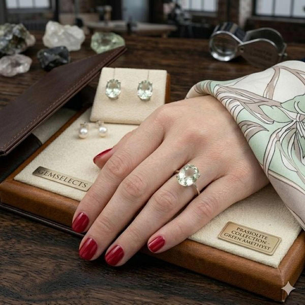 Elegant Oval Natural Green Amethyst Sterling Silver Statement Ring Size 8 New