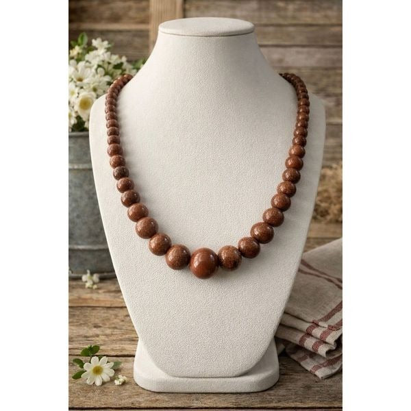Goldstone Beaded Necklace  Sparkling Brown Gemstone Statement Jewelry Gift