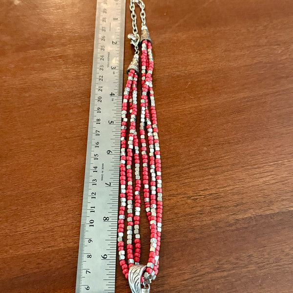 Vintage Southwestern Cross Enhancer Pendant Red & Silver Stone Beaded Necklace